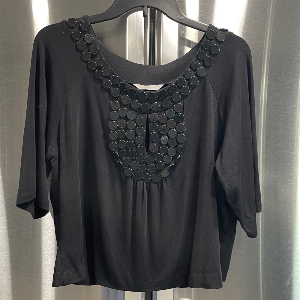 Chic Black Top with Bead Embellished Neckline